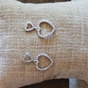 925 Silver Rhinestone Double Heart Dangle Post Earrings